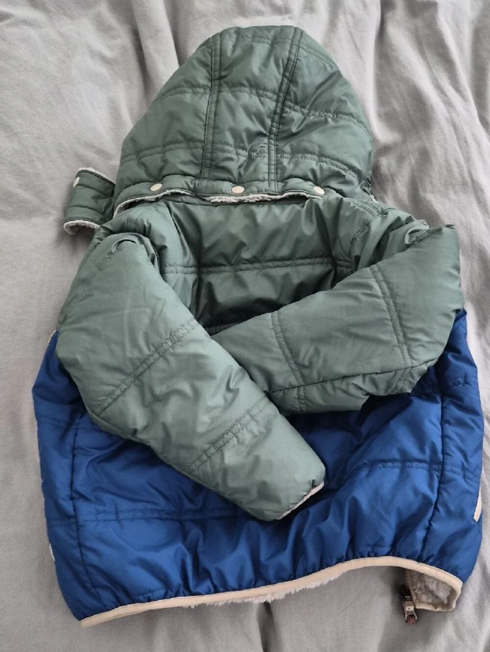 Patagonia Kids Colorblock Hooded Puffer Jacket in Sage Green & Royal Blue